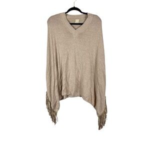 Ecru Tan Knit Fringe Poncho Sweater Large